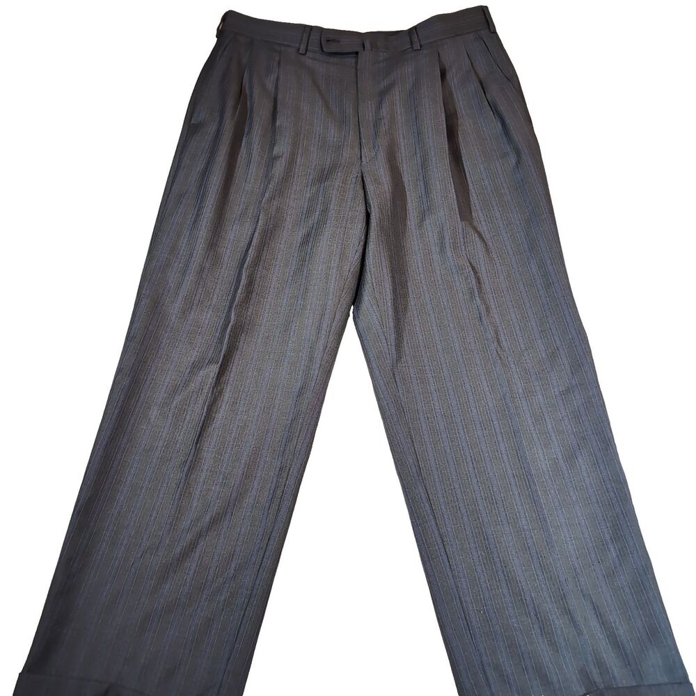 Isaia Napoli Dress Pants Mens 33x28 Black Pinstripe Italian Wool Flat Hemmed‎